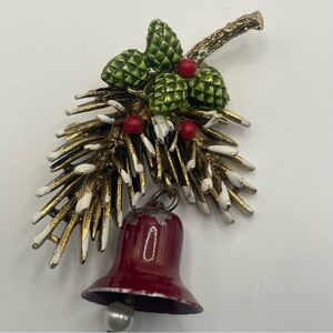 Vintage ART Festive Pinecone and Bell Brooch